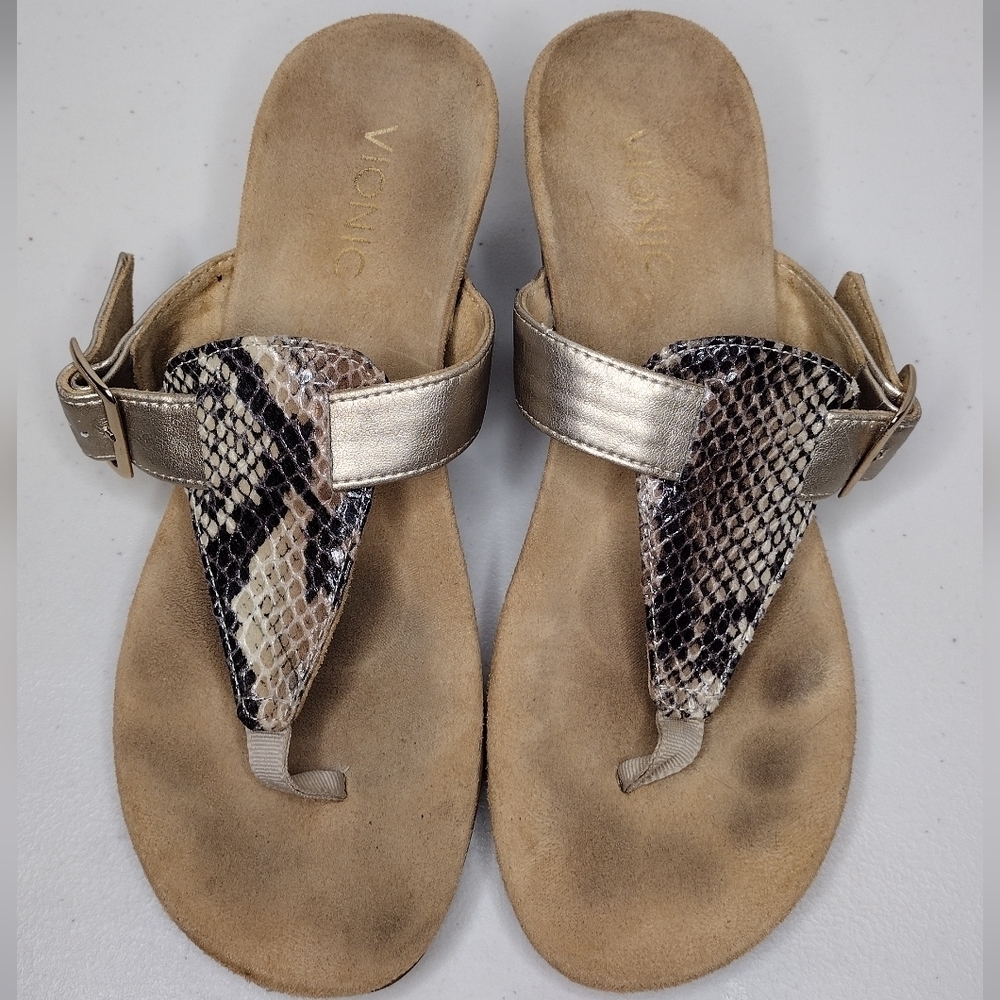 Vionic Alanis Women's Snakeskin Leather Toe-Post Wedge Sandals - Picture 8 of 15